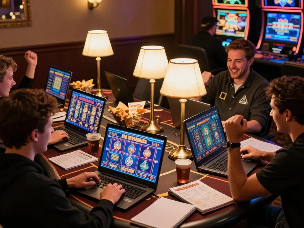 Players experiencing thrilling wins on jus77 online casino with laptops and vibrant slot game displays.