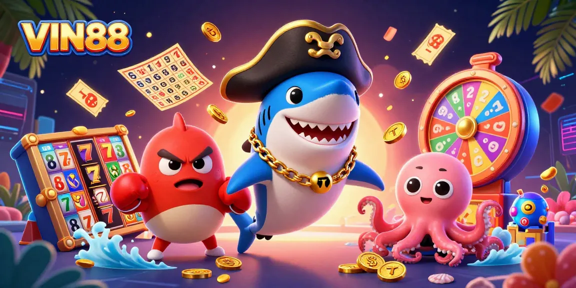 Join the VIN88 celebration with a fun pirate shark, pufferfish, and octopus amidst colorful slot reels and casino elements!