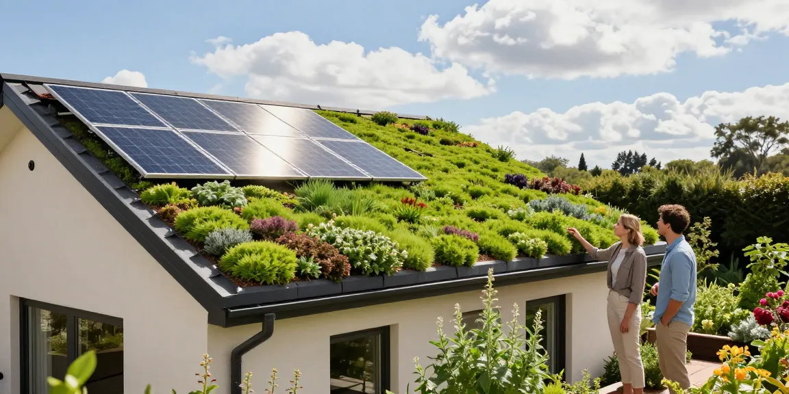 Groendak zonnepanelen die weelderige sedumplanten combineren met efficiënte zonnepanelen, en duurzame levensstijl benadrukken.