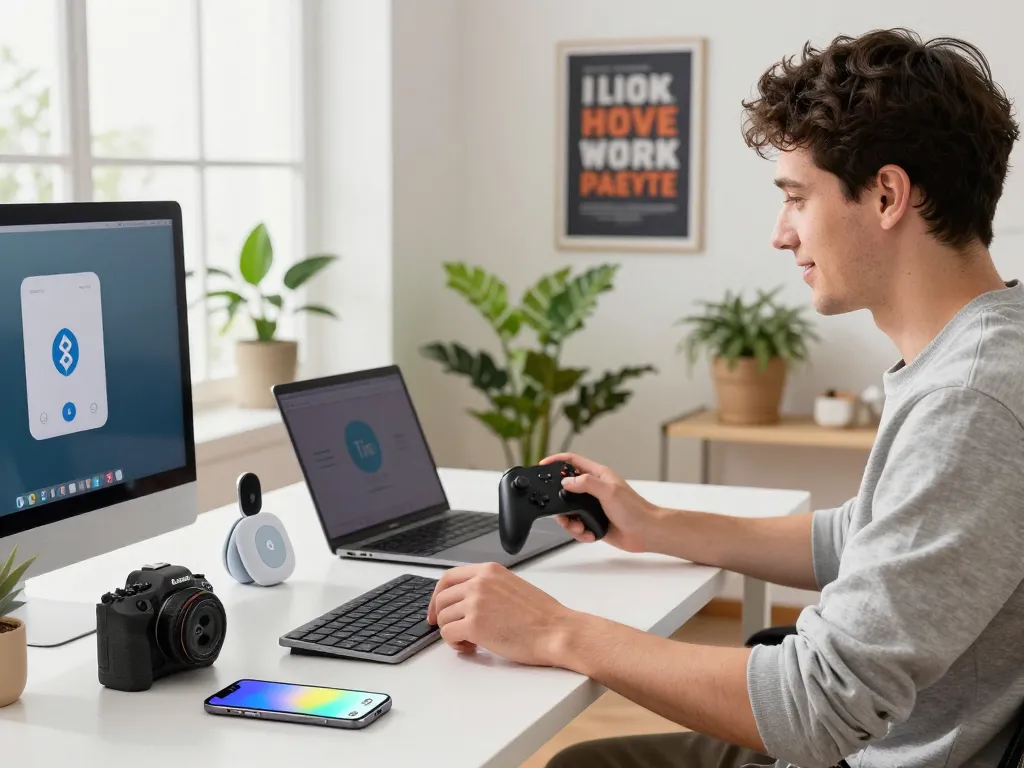 Showcasing must have tech gadgets in a modern workspace with Bluetooth devices, enhancing productivity and creativity.