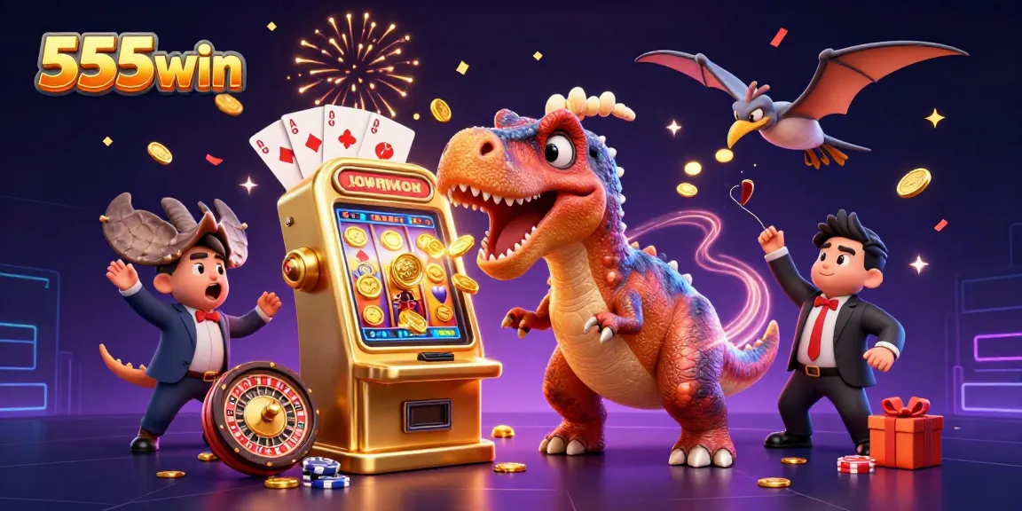 Witness 555win's thrilling jackpot moment with dynamic casino characters and festive elements.