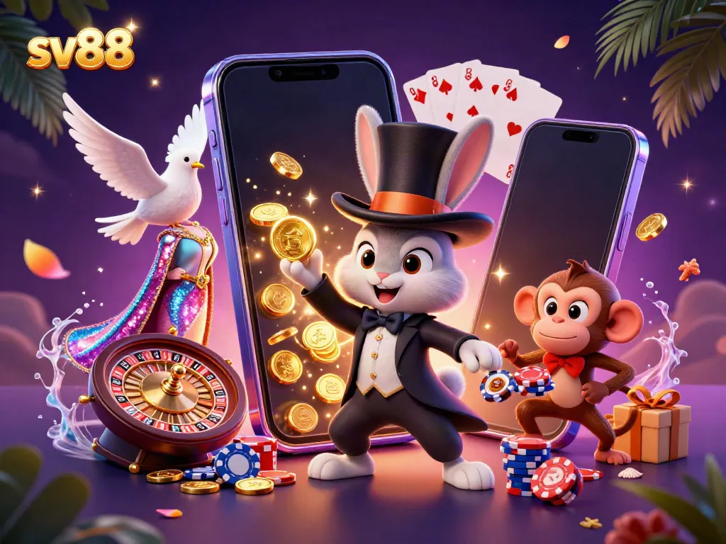 Experience thrilling gameplay at sv88 with a magician rabbit and colorful casino elements in a magical scene.