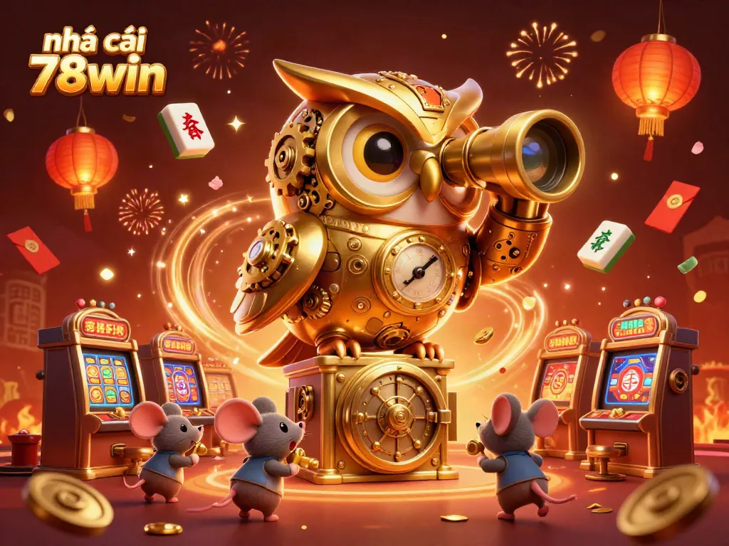 Engaging 3D scene of nhà cái 78win featuring a golden owl and playful mice amidst vibrant casino elements.