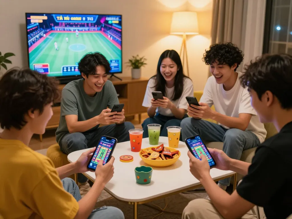 Group of friends enjoying app tài xỉu online on smartphones in a cozy living room setting.