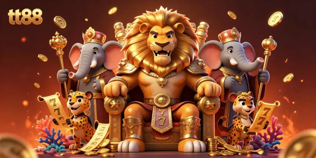 Witness the excitement of tt88 with our vibrant casino scene featuring a lion king and dynamic gambling elements.