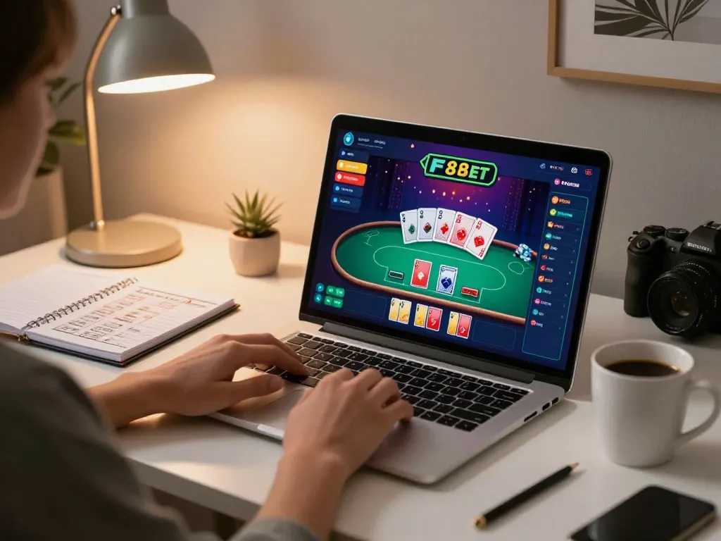 Player enjoying online poker on F8bét platform while strategizing notes beside their laptop.