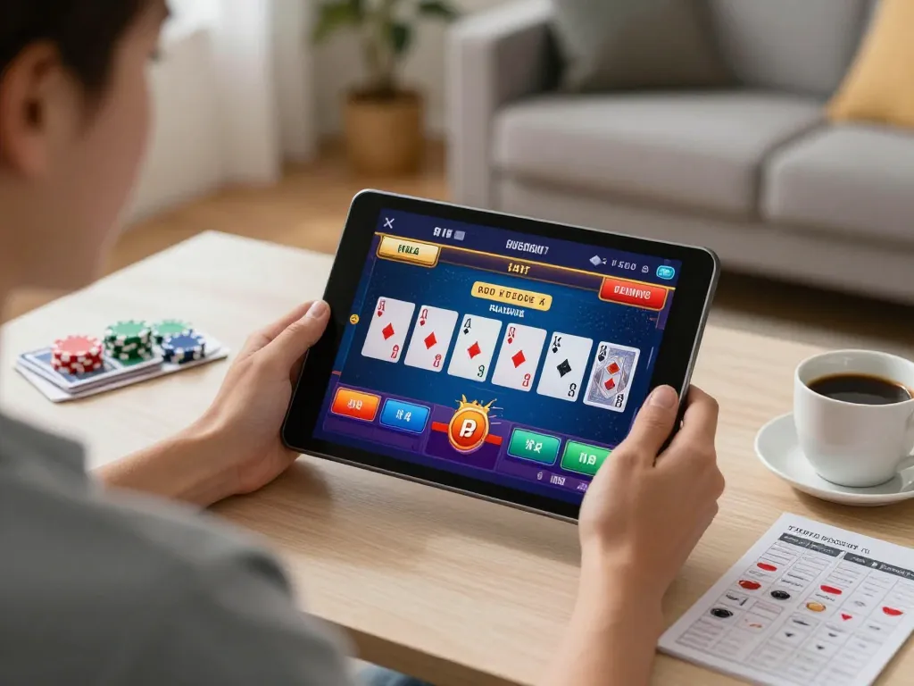 Player engaging in online gaming at home using uk88in's casino app for better odds.
