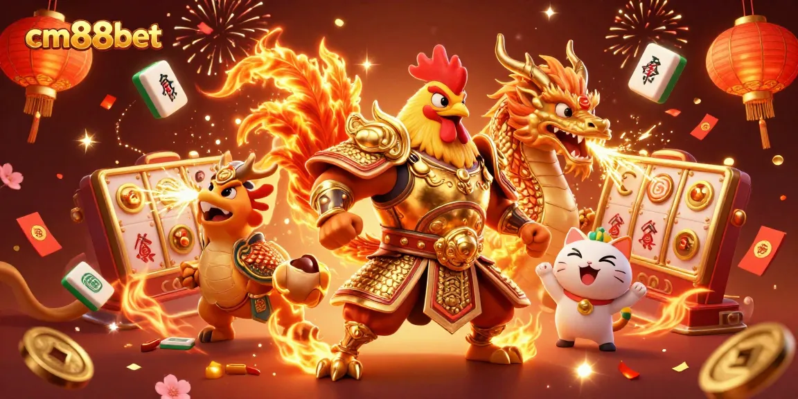 Experience thrilling gameplay at cm88bet as a powerful rooster warrior wins big amidst vibrant casino elements.