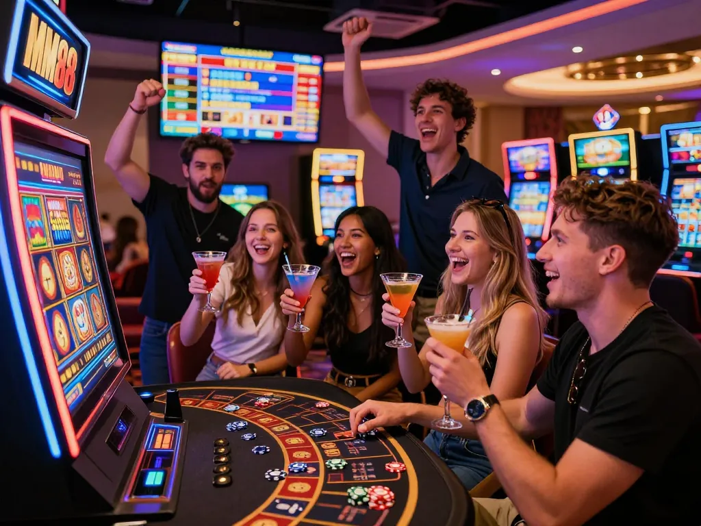 Friends celebrating a win at the MM88 digital slot machine in a vibrant casino.