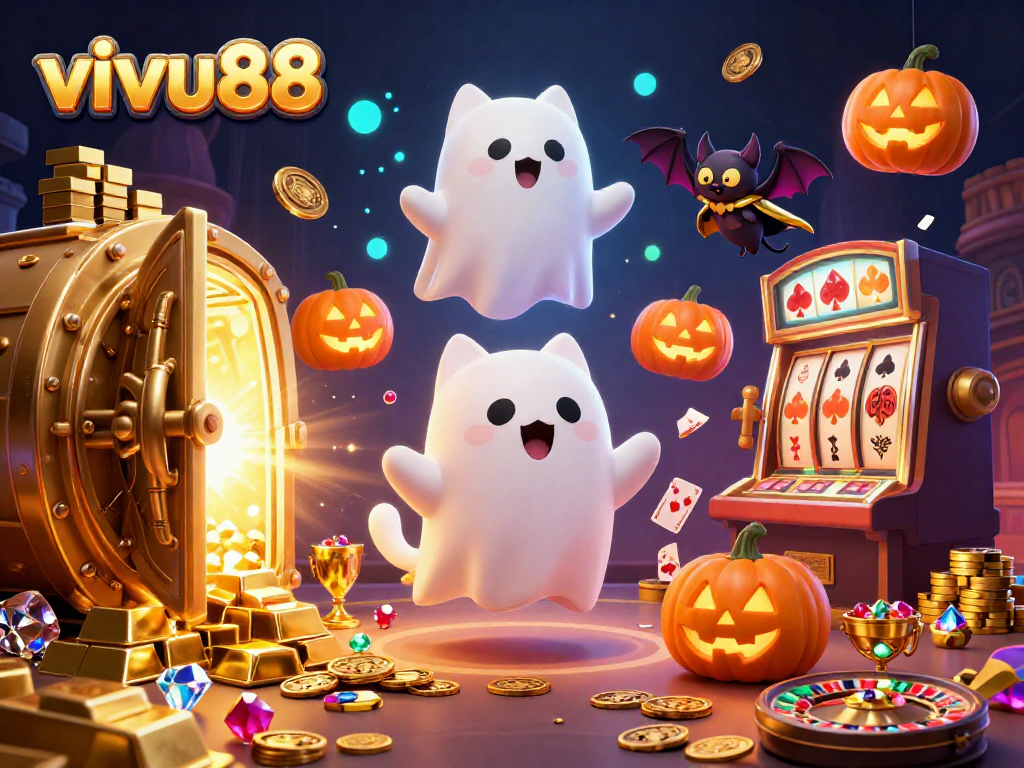 Experience thrilling gameplay at vivu88, featuring a ghost cat, vampire bat, and vibrant casino games.