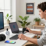 Showcasing must have tech gadgets in a modern workspace with Bluetooth devices, enhancing productivity and creativity.