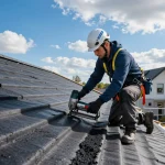 De Kraaij dakdekker inspecteert kwaliteitsdakmaterialen tijdens een project.