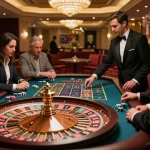 Experience the thrill of red88 at an elegant roulette table with colorful chips and engaged players