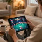 uk88 online poker gameplay on tablet in cozy home setting