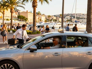 Taxis à St Tropez offrant une expérience de transport haut de gamme avec un véhicule de luxe devant la pittoresque Côte d'Azur.