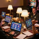Players experiencing thrilling wins on jus77 online casino with laptops and vibrant slot game displays.