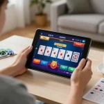 Player engaging in online gaming at home using uk88in's casino app for better odds.