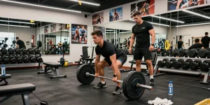 Muscular athlete lifting weights in a modern gym, showcasing Prime Pharma Steroiden effectiveness for muscle growth.