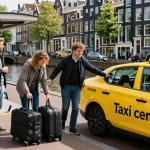 Passagier wordt geholpen door een taxichauffeur bij Taxi centrale amsterdam, met nadruk op klantenservice en stedelijke charme.