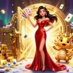 Erleben Sie aufregendes Gameplay im Paysafe Card Casino mit einer eleganten asiatischen Frau und einem goldenen Drachen-Maskottchen.