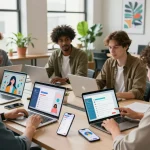 Engaging scene with users interacting with juicy ai chat application in a vibrant coworking space.