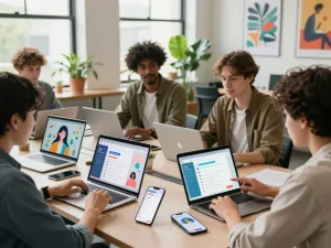 Engaging scene with users interacting with juicy ai chat application in a vibrant coworking space.