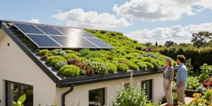 Groendak zonnepanelen die weelderige sedumplanten combineren met efficiënte zonnepanelen, en duurzame levensstijl benadrukken.