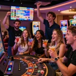 Friends celebrating a win at the MM88 digital slot machine in a vibrant casino.