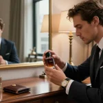 Man die Armaf Club de Nuit Intense Man parfum aanbrengt in een elegante stedelijke omgeving.