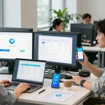 Setting Telegram中文 on various devices in a tech support environment, illustrating user-friendly setup processes.