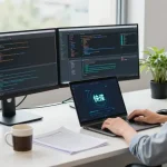 快连 network acceleration platform displayed on a developer's monitors in a modern workspace.