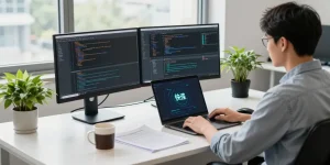 快连 network acceleration platform displayed on a developer's monitors in a modern workspace.