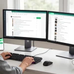 Focused user engaging with WhatsApp網頁版 in a modern tech workspace, showcasing dual monitors and a smartphone with notifications.