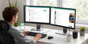 Focused user engaging with WhatsApp網頁版 in a modern tech workspace, showcasing dual monitors and a smartphone with notifications.