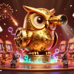 Experience the thrill of Mansion88 with a golden owl overseeing a bustling casino scene filled with vibrant game elements.