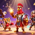 Experience thrilling action at Sunwin with a 3D gladiator rooster and tiger cub amid sparkling casino elements.