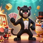 Engage in thrilling games at hit club with a stylish panther dealing cards amidst jackpots.