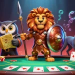 Experience thrilling poker at lolajack-nederland with a heroic lion and strategic owl in a vibrant casino scene.