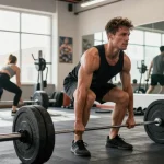 Prime Pharma Steroiden Winkel met een atleet die deadlifts uitvoert in een moderne sportschool, gefocust en gepassioneerd.