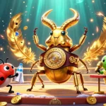 Engage with sunwin chính hãng in an electrifying scene featuring a giant golden stag beetle ready to battle.