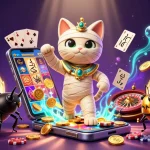 Experience thrilling moments at 99ok with a vibrant gaming scene featuring an Egyptian mummy cat and golden casino elements.