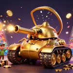Play exciting games at BLUE 88's miniature casino inside a golden tank, amid swirling coins and cards.