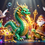 Engage with the dynamic scene of tải hitclub featuring a jade dragon, a wise turtle, and lucky cranes amidst underwater treasures.