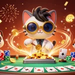Engage in dynamic poker action at MAN88 with a cartoon mad scientist cat and assistant, surrounded by vibrant casino elements.