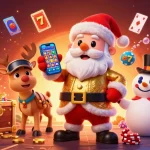 Experience jackpot wins at lolajack with vibrant 3D scene featuring Santa, a reindeer dealer, and poker chip snowman.