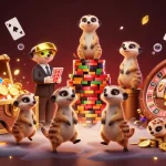 Spin Boss meerkat casino scene with lively characters managing games and treasures