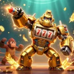 Experience the excitement of LUCKY88 with a 3D golden gorilla mech and dynamic casino elements.
