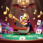 Engage with f168 in an ultra-detailed gaming scene featuring a penguin organist and acrobatic bat.