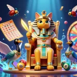 Socolive presents an engaging scene of a pharaoh cat and ibis scribe amidst colorful lottery elements, celebrating dynamic gaming vibes.